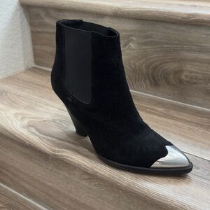 Women's Black Suede Ankle Boot with Silver Toe Accent